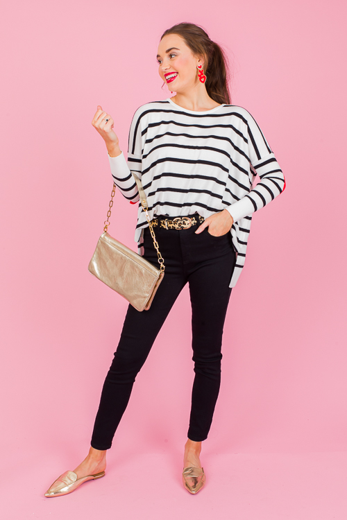 Stripe Heart Elbow Sweater, White