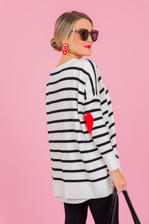 Stripe Heart Elbow Sweater, White