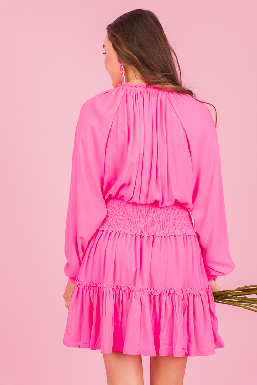 Smock Waist Dress, Neon Pink