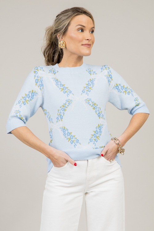 Floral Ribbon Print Sweater, Blue