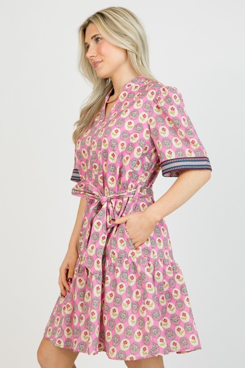 Printed Tie Waist Dress, Pink - 0114-70.jpg