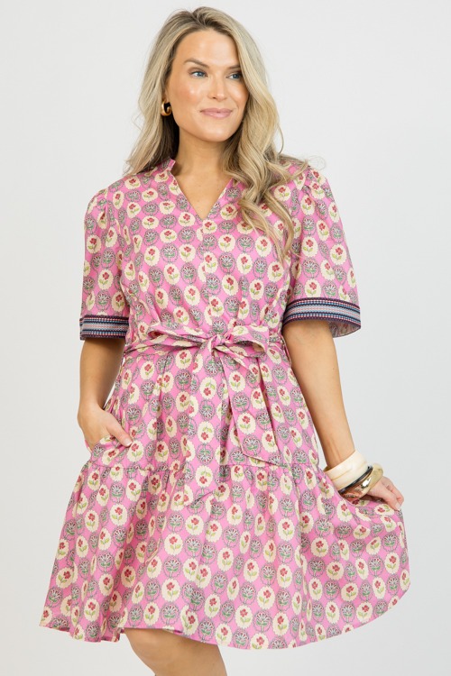 Printed Tie Waist Dress, Pink - 0114-96.jpg