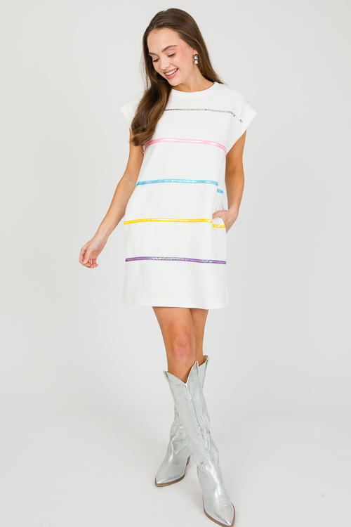 Sequin Stripe Texture Dress, Off White
