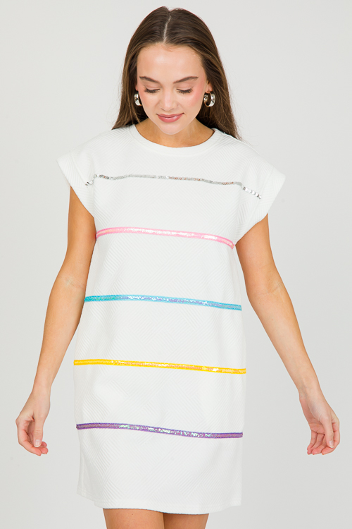 Sequin Stripe Texture Dress, Off White