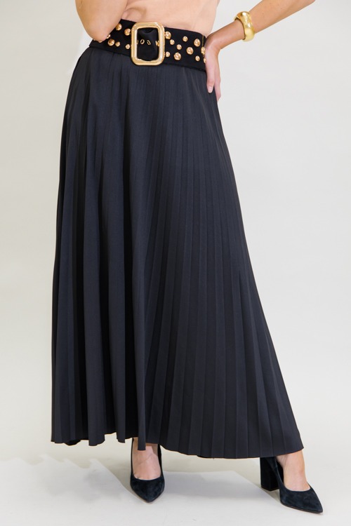 Pleated Knit Midi Skirt, Black