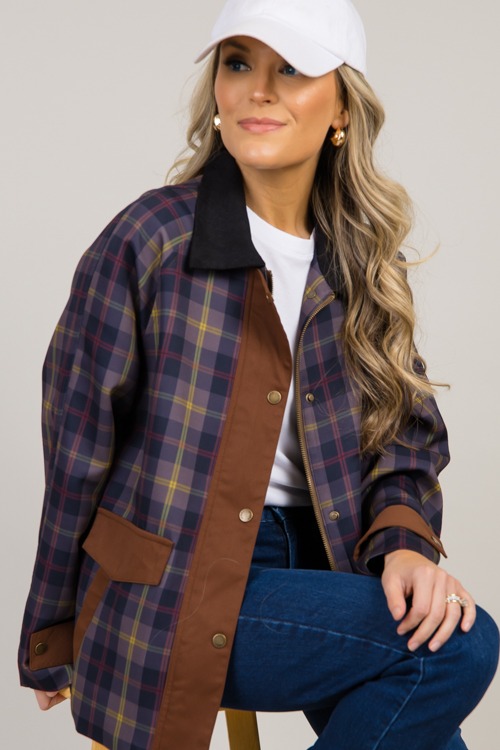 Plaid Corded Collar Jacket, Multi