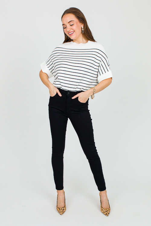 Cuffed Stripe Sweater, Ivory/Black