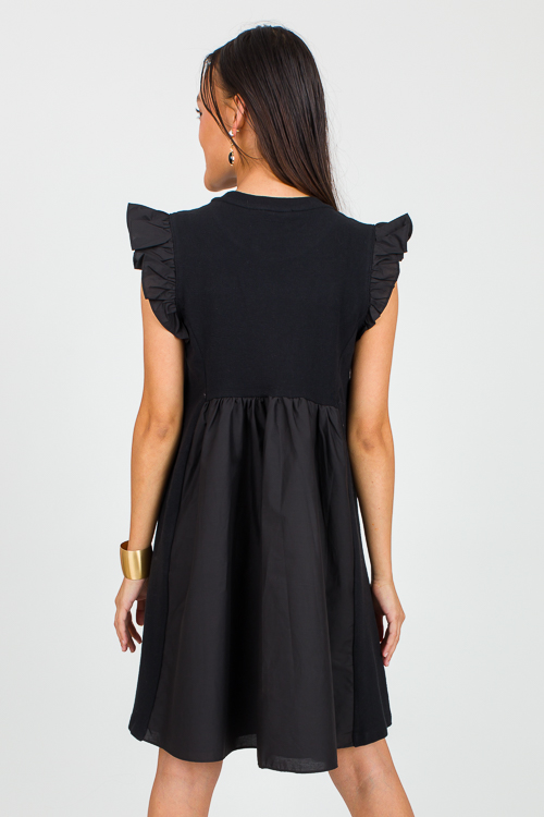 Poplin Contrast Knit Dress, Black