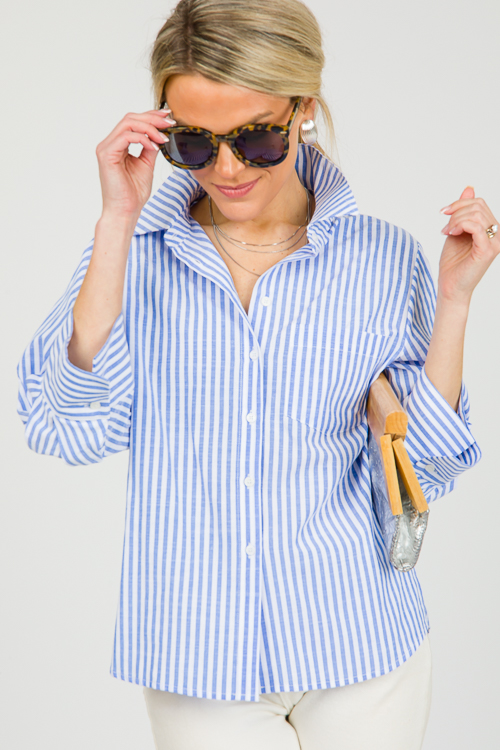 Quarter Sleeve Stripe Shirt, Blue