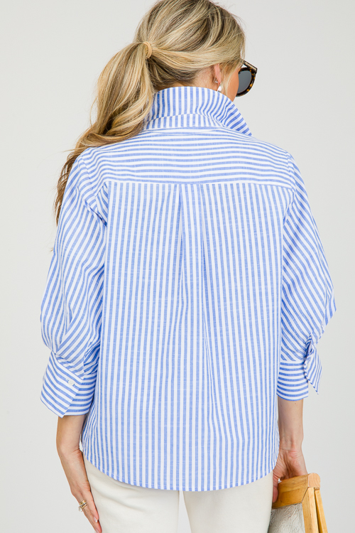 Quarter Sleeve Stripe Shirt, Blue