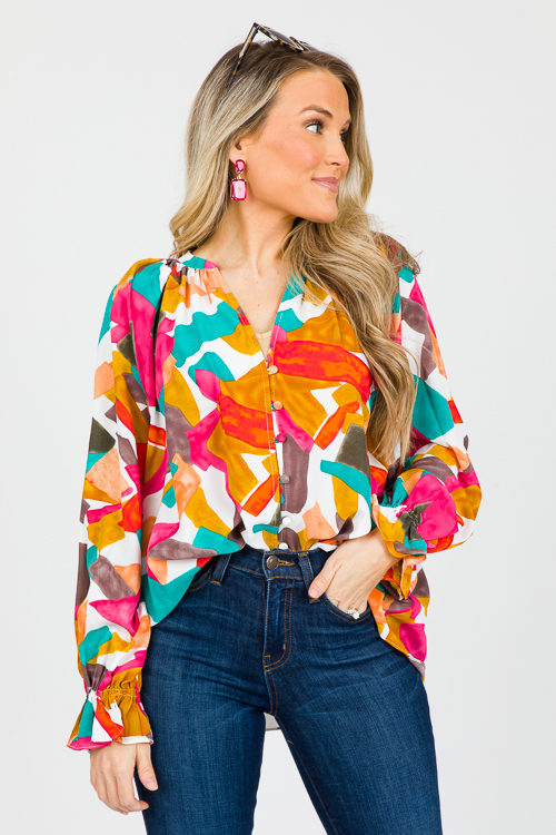 Geo Abstract Blouse, Fuchsia Orange