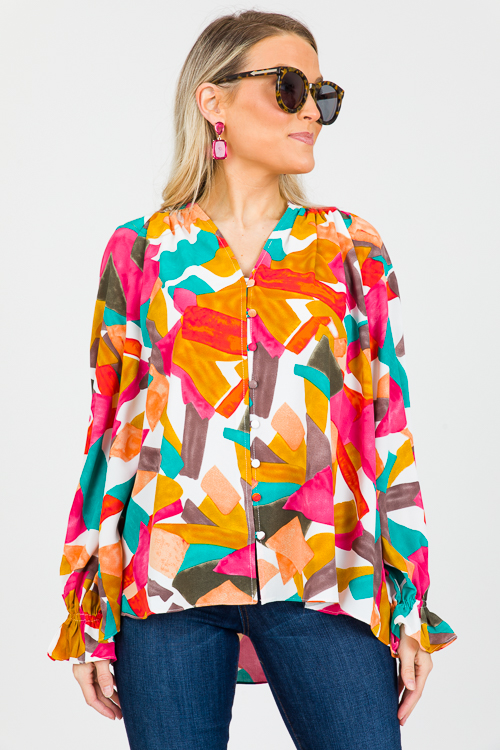 Geo Abstract Blouse, Fuchsia Orange