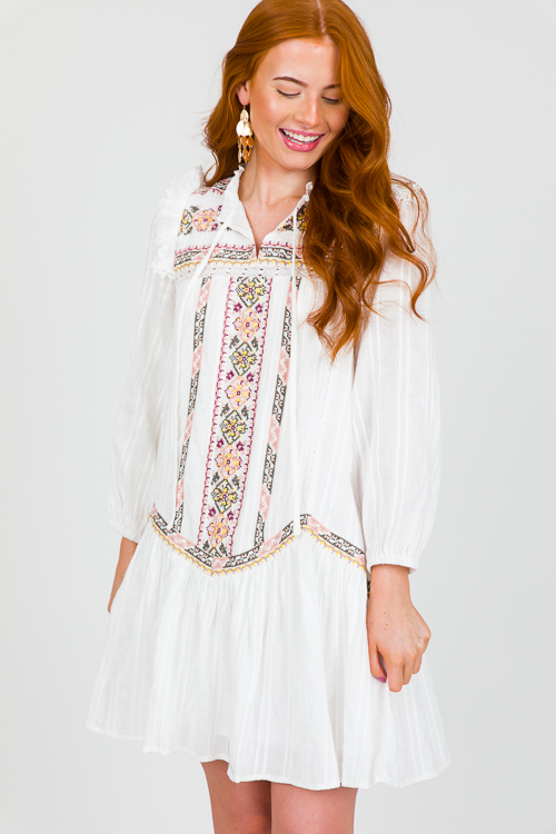 Lace Panels Embroidery Dress, White