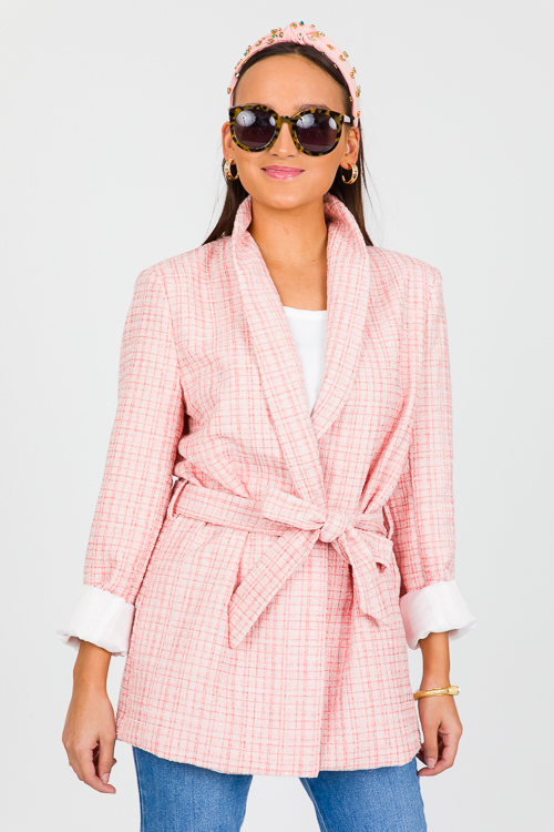 Pink Tweed Belted Blazer