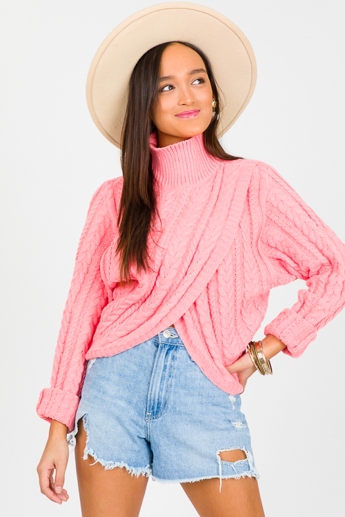 Wrap Front Cable Sweater, Tea Rose
