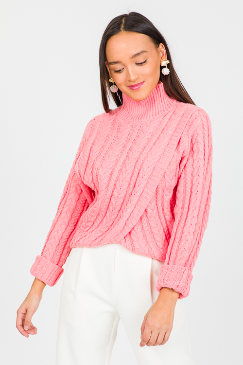 Wrap Front Cable Sweater, Tea Rose