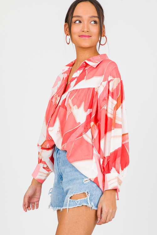 Abstract Button Top, Coral Combo