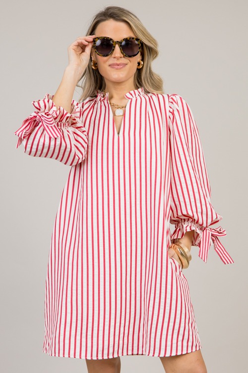 Striped Bow Sleeve Dress, Red