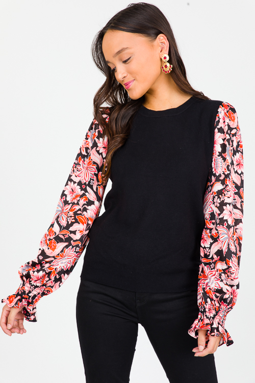 Floral Sleeves Sweater, Black/Orange