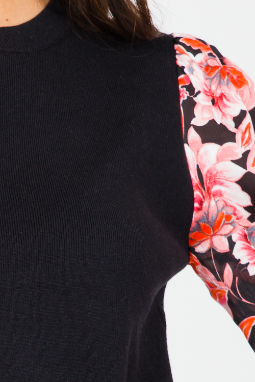 Floral Sleeves Sweater, Black/Orange