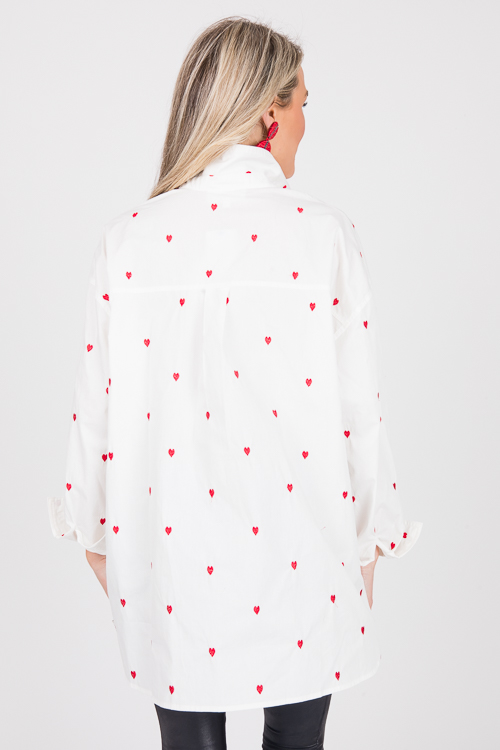 Heart Embroidery Button Up, Red