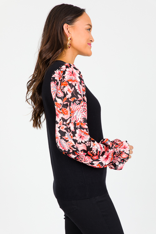 Floral Sleeves Sweater, Black/Orange