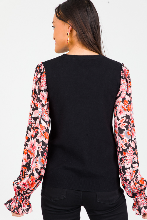 Floral Sleeves Sweater, Black/Orange