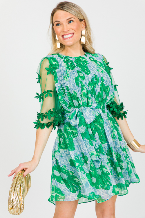 Floral Illusion Belted Dress, Green