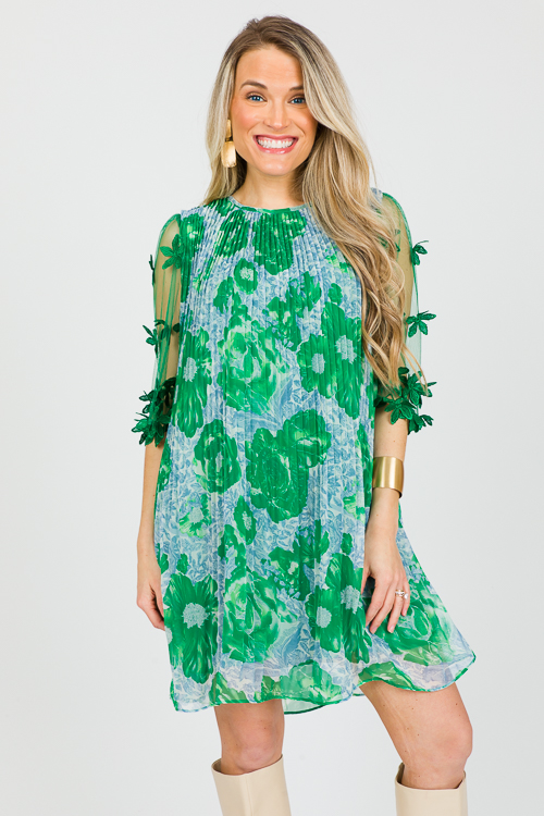 Floral Illusion Belted Dress, Green