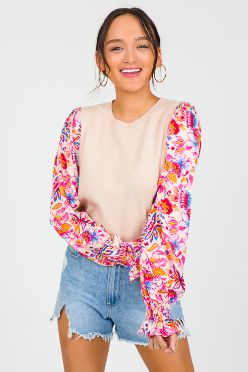 Floral Sleeves Sweater, Taupe/Pink