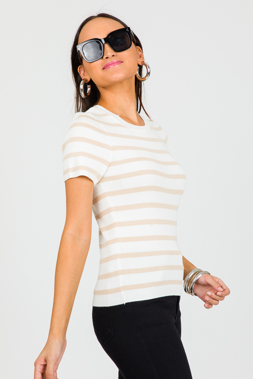 Short Sleeve Stripe Sweater, Beige