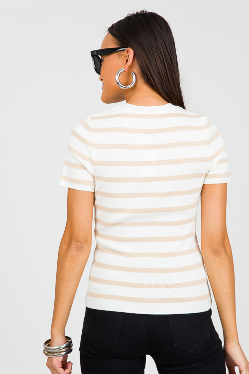 Short Sleeve Stripe Sweater, Beige