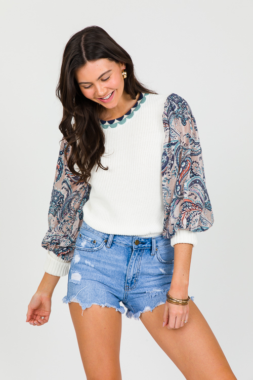 Paisley Sleeves Sweater, Cream/Blue - New Arrivals - The Blue Door Boutique