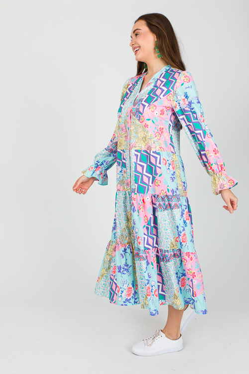 Patchwork Belted Maxi, Blue/Pink