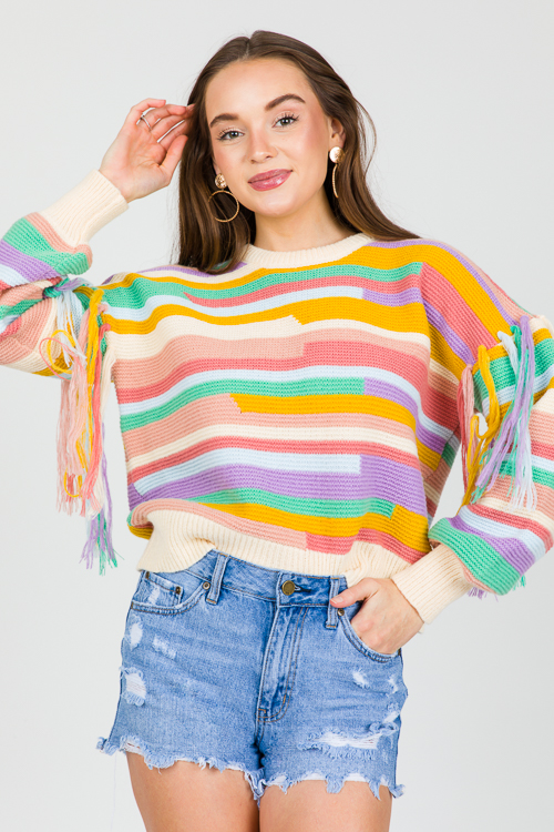 Tassel Sleeve Rainbow Sweater