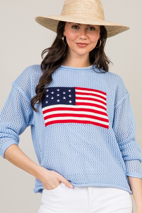 USA Flag Crochet Sweater, Powder Blue