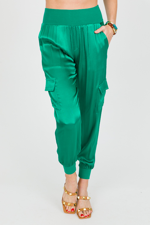 Satin Cargo Joggers, Emerald