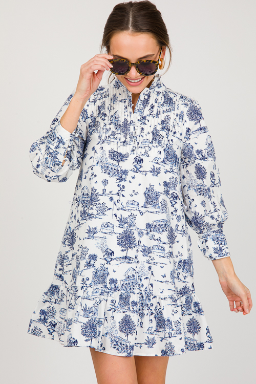 Toile Belted Dress, Wht Blue