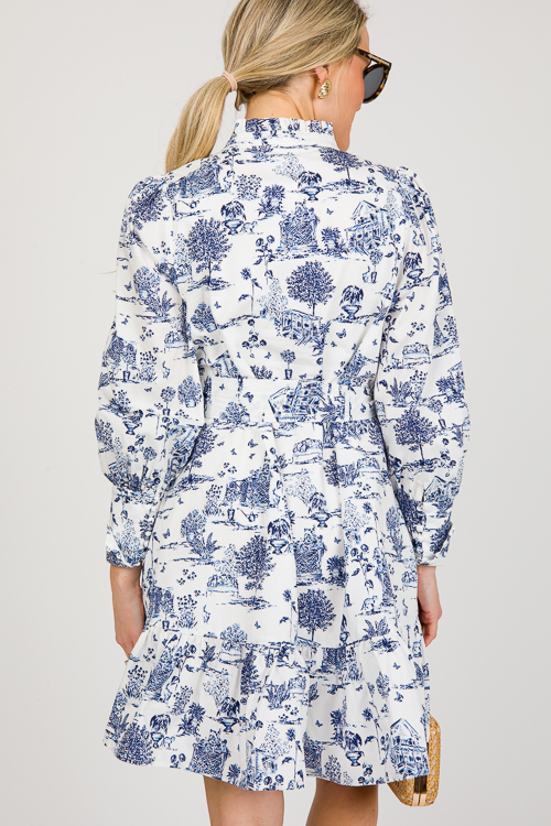 Toile Belted Dress, Wht Blue