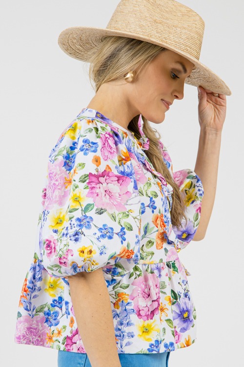 Floral Print Tie Top, White Multi - 0129-15.jpg