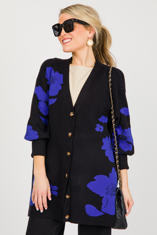 Floral Button Sweater, Black Cobalt
