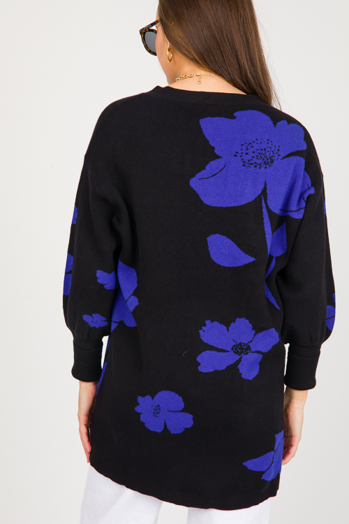 Floral Button Sweater, Black Cobalt