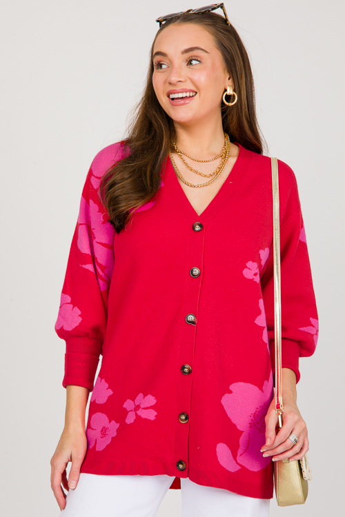Floral Button Sweater, Red Pink