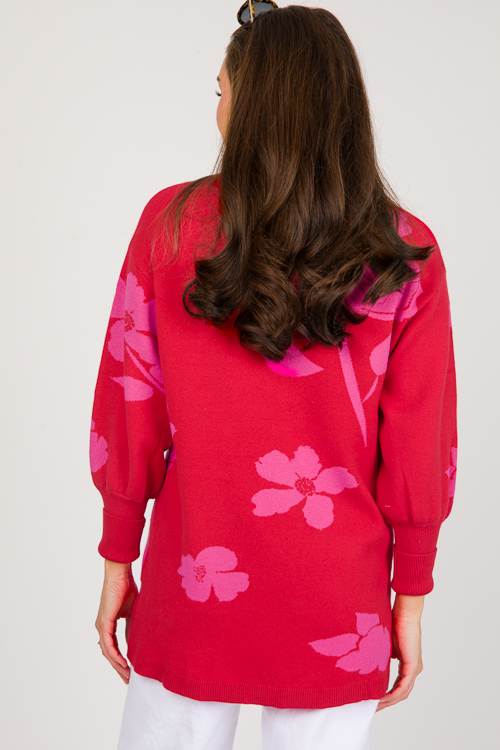 Floral Button Sweater, Red Pink