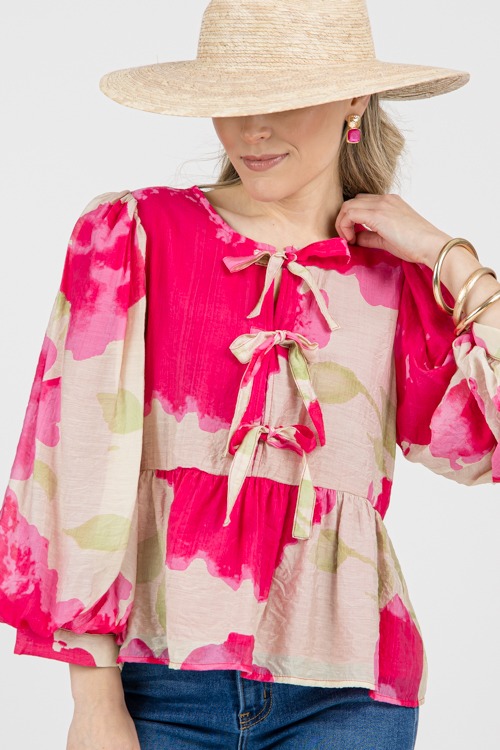 Triple Bow Printed Top, Hot Pink