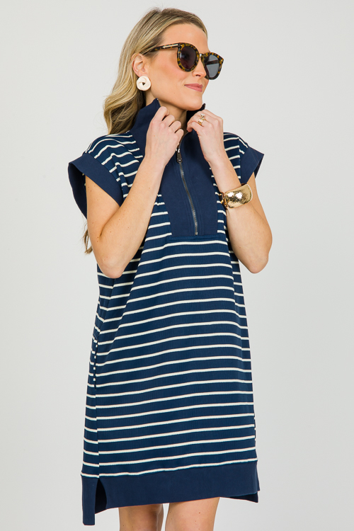 Half Zip Stripe Dress, Navy