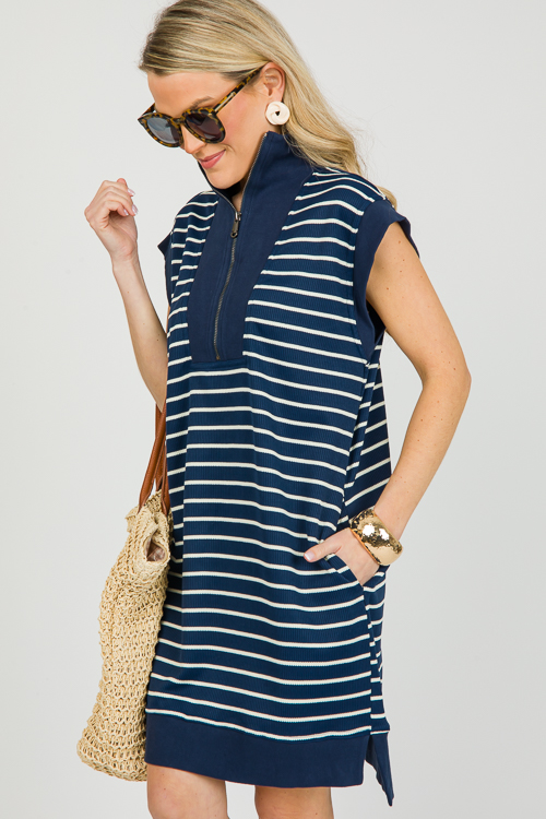 Half Zip Stripe Dress, Navy