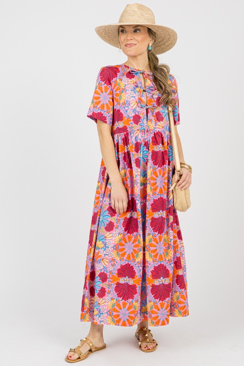 Floral Tie Neck Maxi, Pink Multi