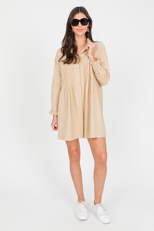 Pintuck Pleat Shirt Dress, Latte