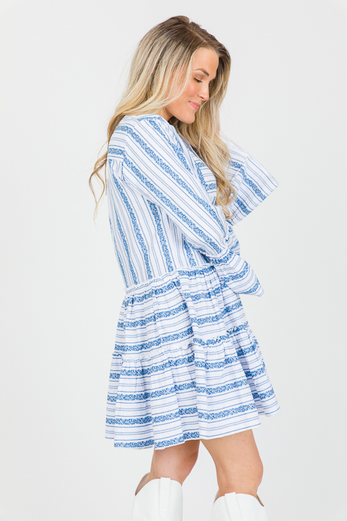 Embroidery Lanes Dress, Blue White